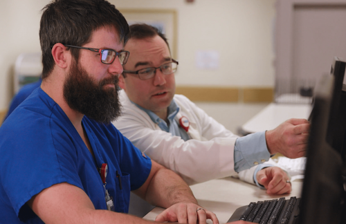Resident and doctor looking at computer