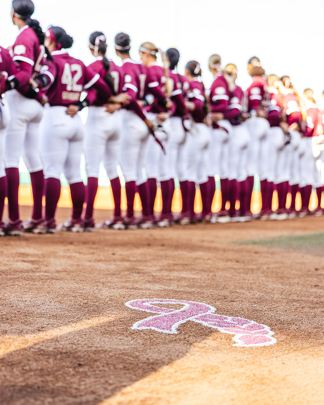 FSU softball team standing with breast cancer ribbon on clay