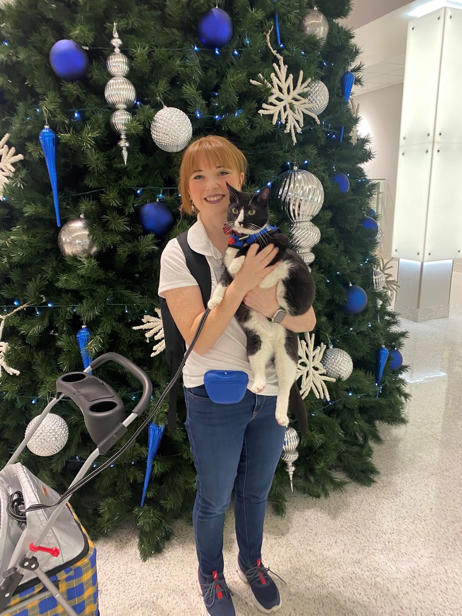 Camille with Mister Mistoffelees in front of a Christmas Tree